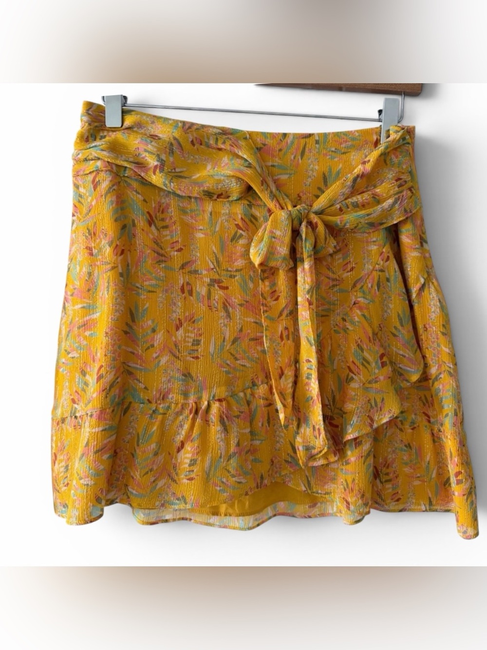 Sezane Silk Metallic Floral Mini Skirt Yellow Tie Front size FR 40/ US 6-8 - Picture 2 of 14